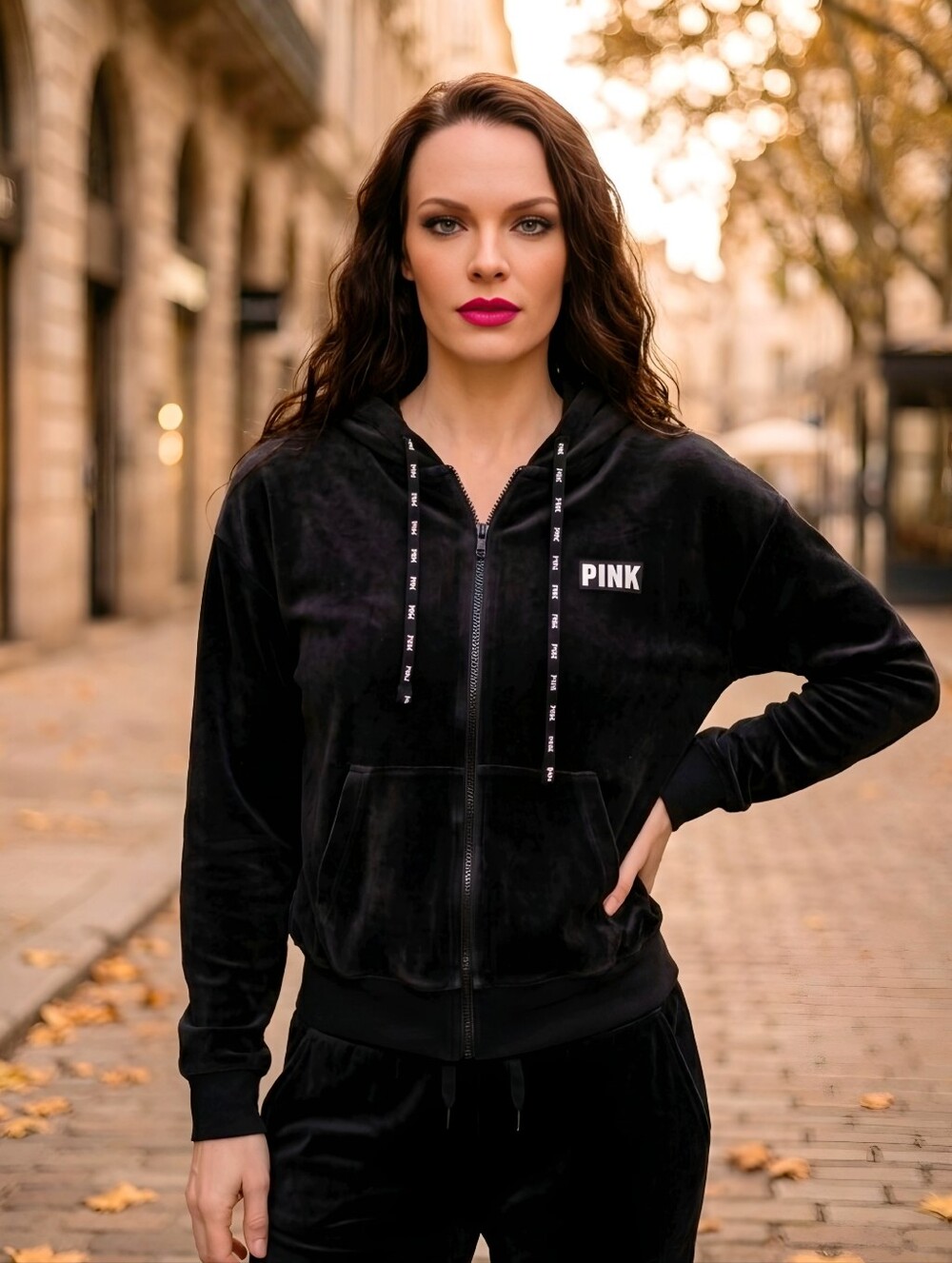 PINK Victoria Secret Black Velour Full Zip Graphic Hoodie Loungewear Y2K Sz XS